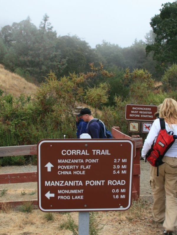 Our group was ready to tackle more than ten miles’ hilly hiking along the Corral, Springs, and Manzanita Point trails to a keyhole loop of the Madrone Soda Springs, Mile, and China Hole trails.