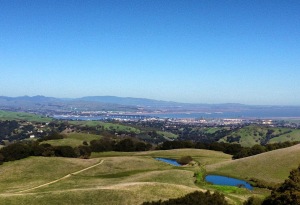 From Briones Peak, a view to the north of cattle ponds and Carquinez Straits.