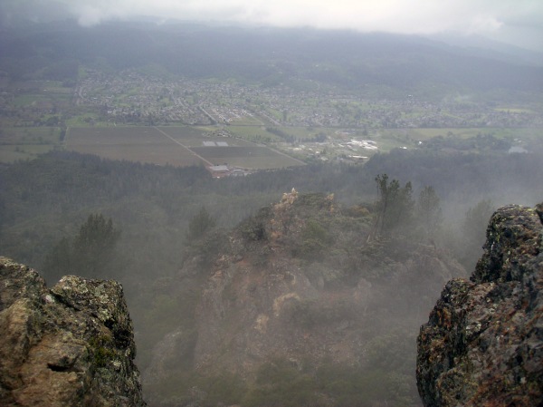 Peering down through the fog and the gunsight onto the wine country town of Kenwood.